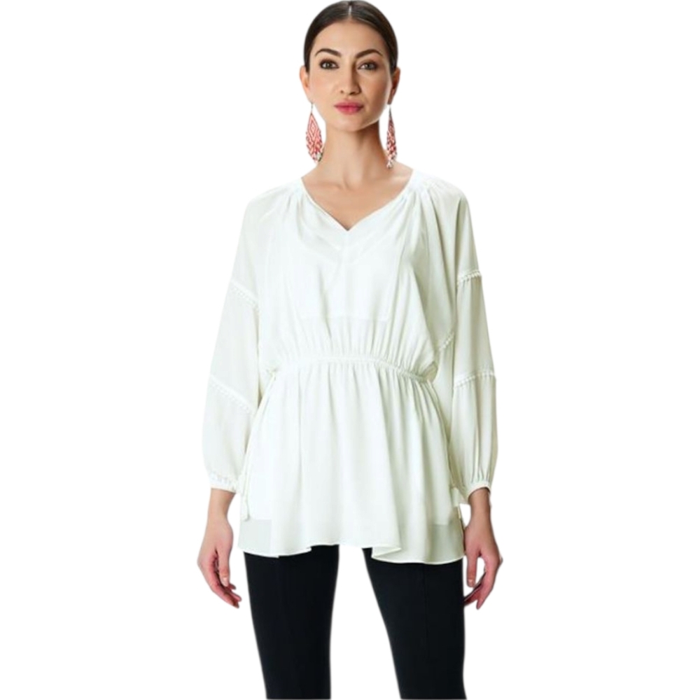 eShakti Lace trim sheer crepe drawstring waist Blouse - White Sz: 4 (Small)